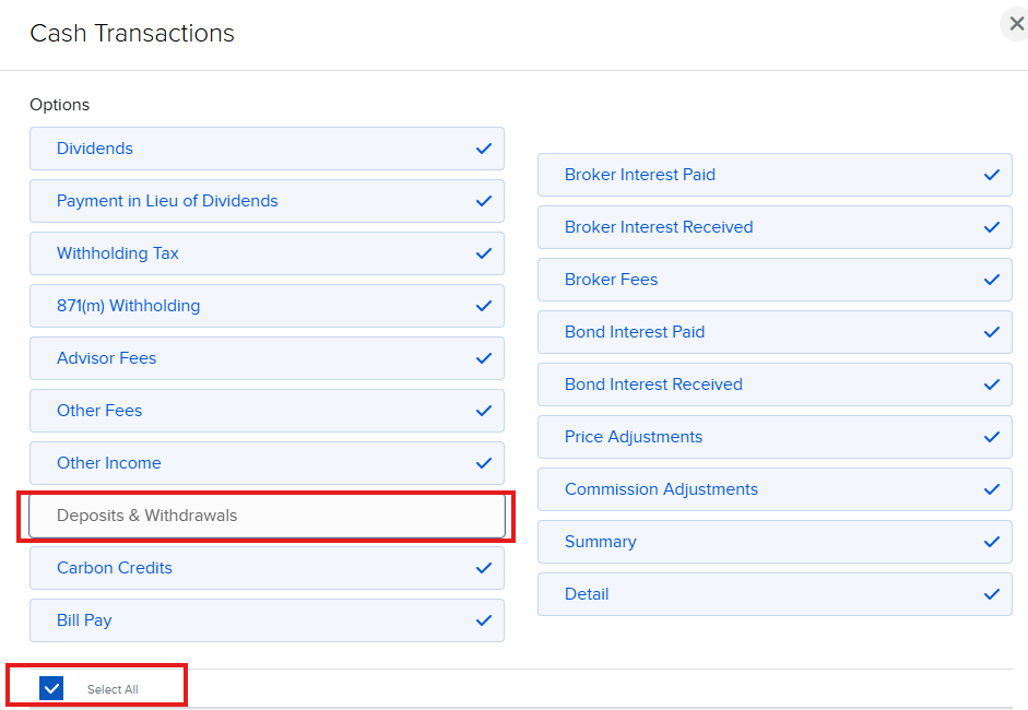 Cash Transactions beállítás – Select All, Deposits & Withdrawals kipipálva