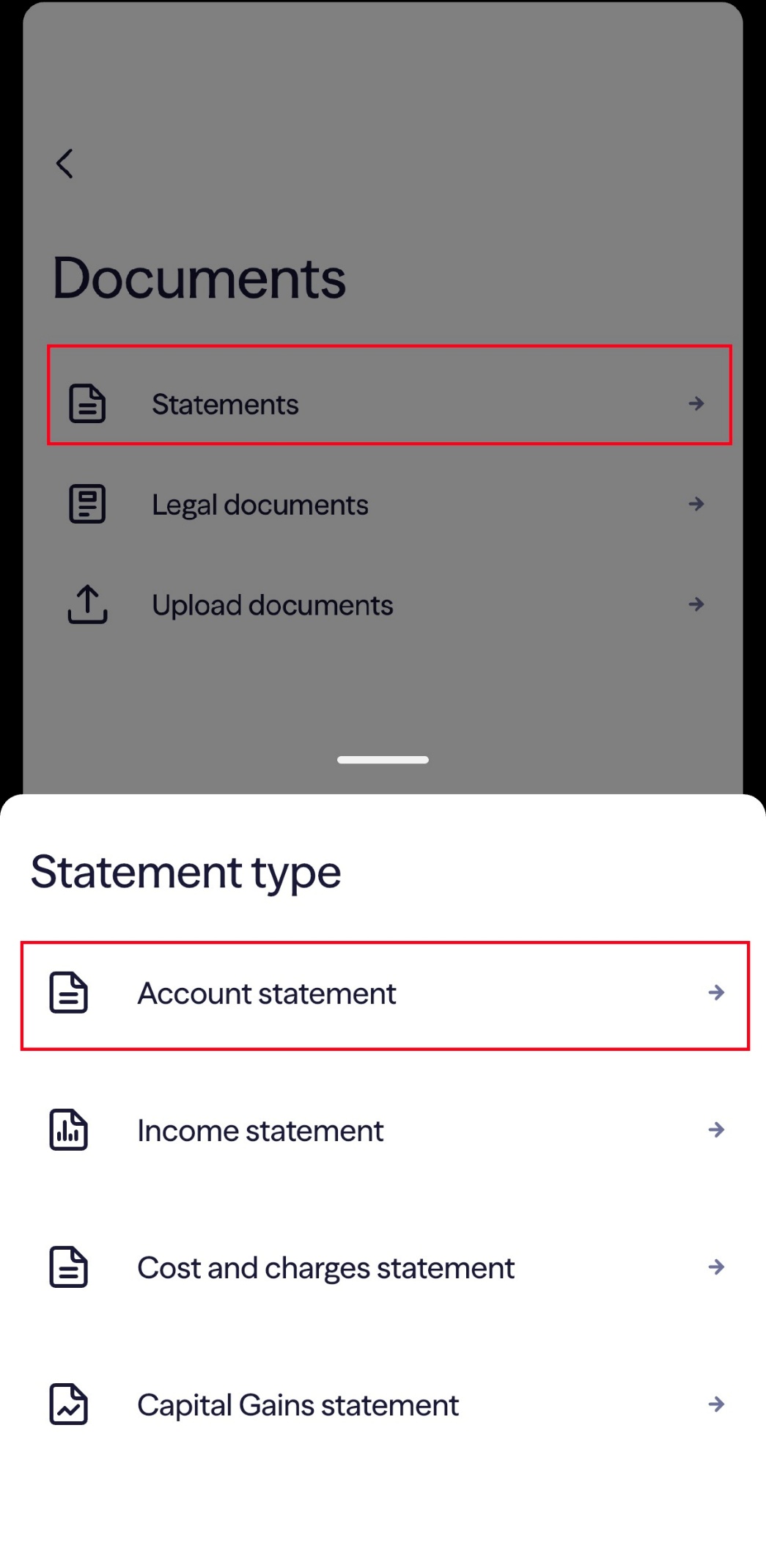 Számla melletti három pont, Documents → Statements