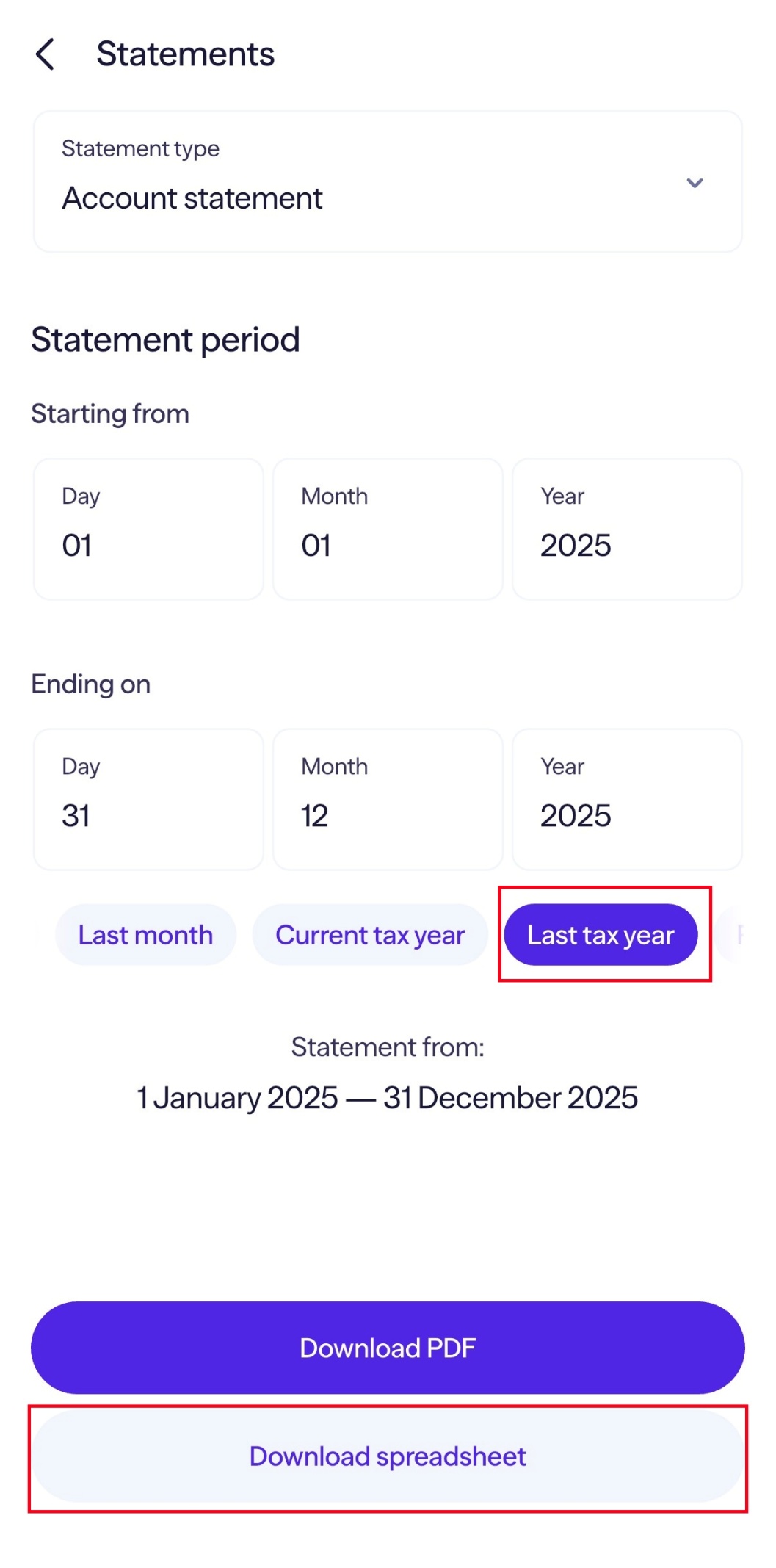 Account statement és Last Tax Year kiválasztása